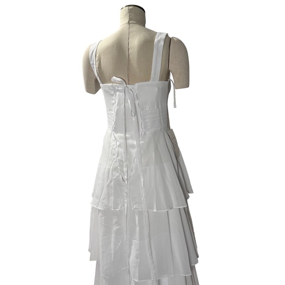 White Tiered Ruffle Maxi Dress Square Neck Lace Up Back Bridal Summer Gown - Picture 3 of 3